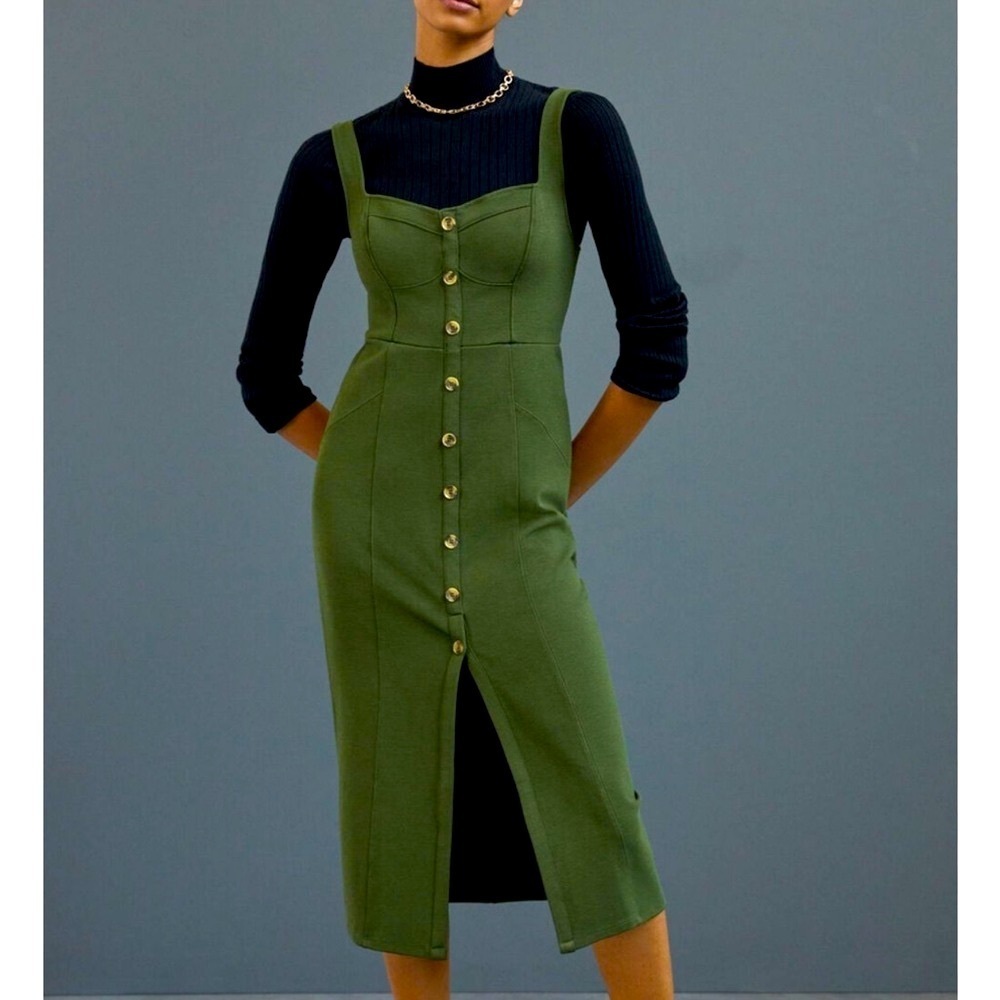 Anthropologie Olive Green Button-Front Midi Pinafore Dress